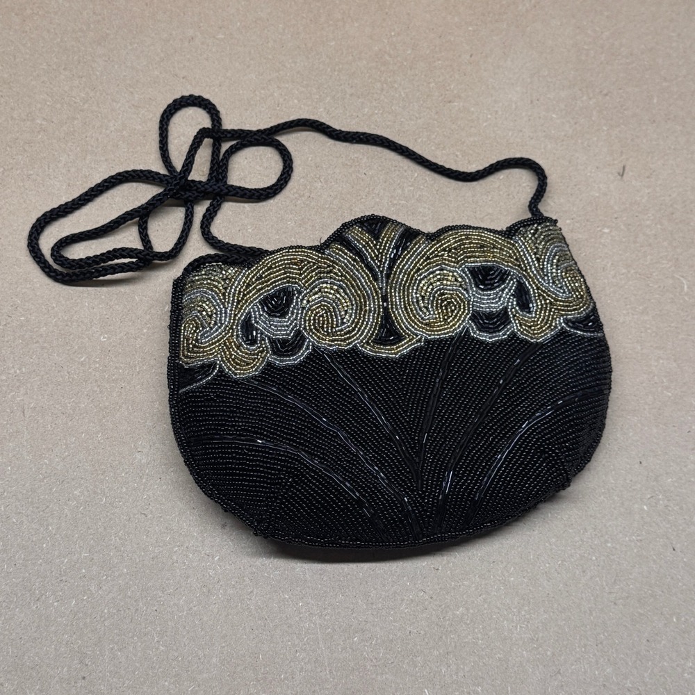 Carla Marchi Beaded Evening Bag Women Small Black Gold Silver Art Deco Glamour